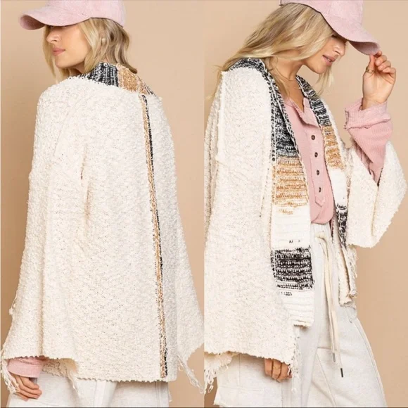 SOLD OUT POL - Fringe Sleeve Open Front Cardigan Sweater Cream Ivory - Picture 3 of 6
